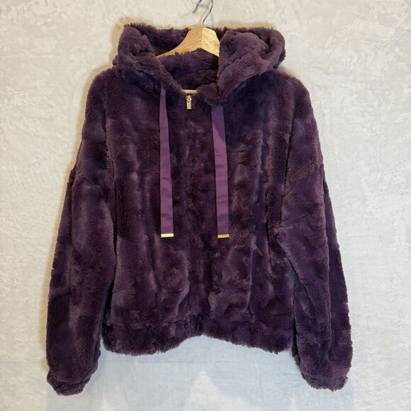 Express Jacket Faux Fur Hooded Womens S Dark Purple Cropped Cozy Coat - Picture 1 of 8